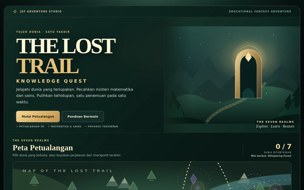 Tampilan game The Lost Trail dengan gerbang misterius di hutan